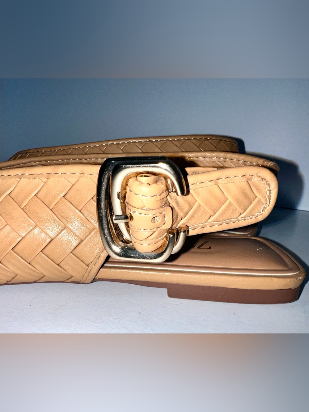 ZARA Woven Leather Pointed Toe Slingback Flats Buckle Nude Tan Sz 38 - Picture 7 of 12